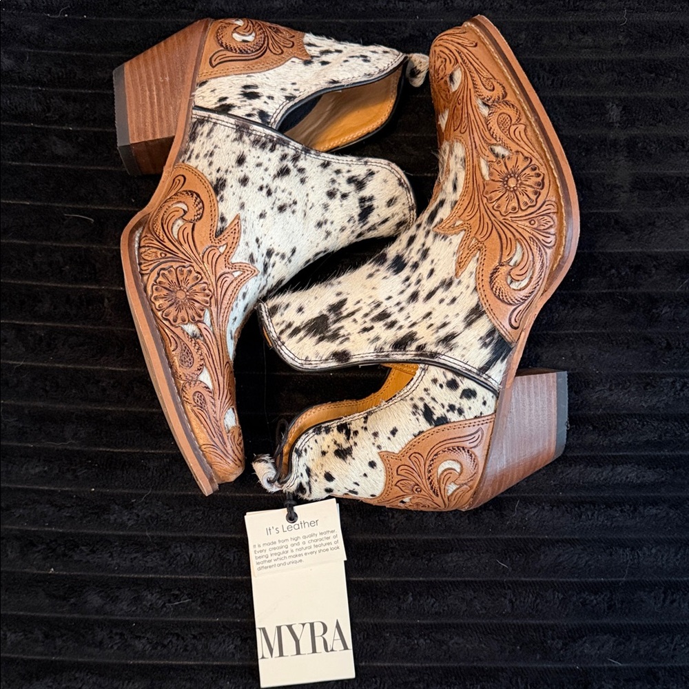 Myra Bag Black and White Spotted Haircalf Western Ankle Booties